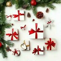 Christmas composition with gift boxes, card balls fir branches pine cones with copy space. Christmas by AI Generated photo