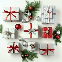 Christmas composition with gift boxes, card balls fir branches pine cones with copy space. Christmas by AI Generated photo