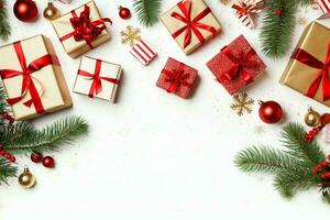 Christmas composition with gift boxes, card balls fir branches pine cones with copy space. Christmas by AI Generated photo