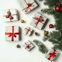 Christmas composition with gift boxes, card balls fir branches pine cones with copy space. Christmas by AI Generated photo