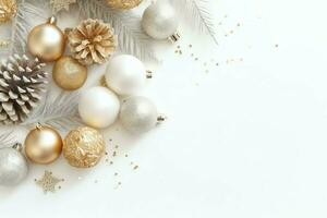 Christmas composition with gift boxes, card balls fir branches pine cones with copy space. Christmas by AI Generated photo