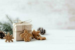 Christmas composition with gift boxes, card balls fir branches pine cones with copy space. Christmas by AI Generated photo