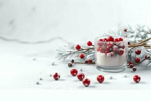 Christmas composition with gift boxes, card balls fir branches pine cones with copy space. Christmas by AI Generated photo