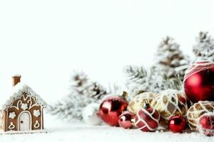 Christmas composition with gift boxes, card balls fir branches pine cones with copy space. Christmas by AI Generated photo