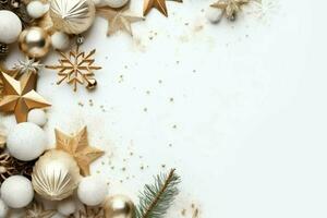 Christmas composition with gift boxes, card balls fir branches pine cones with copy space. Christmas by AI Generated photo