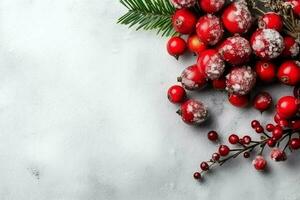 Navidad composición con regalo cajas, tarjeta pelotas abeto ramas pino conos con Copiar espacio. Navidad por ai generado foto