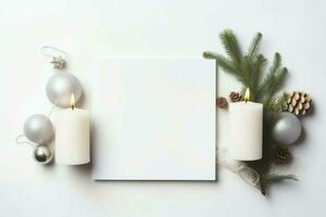 Christmas composition with gift boxes, card balls fir branches pine cones with copy space. Christmas by AI Generated photo