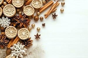 Christmas composition with gift boxes, card balls fir branches pine cones with copy space. Christmas by AI Generated photo