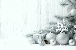 Christmas composition with gift boxes, card balls fir branches pine cones with copy space. Christmas by AI Generated photo