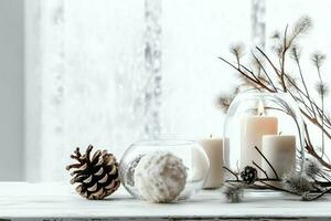 Christmas composition with gift boxes, card balls fir branches pine cones with copy space. Christmas by AI Generated photo