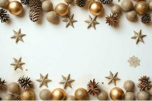 Christmas composition with gift boxes, card balls fir branches pine cones with copy space. Christmas by AI Generated photo