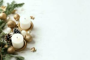 Christmas composition with gift boxes, card balls fir branches pine cones with copy space. Christmas by AI Generated photo