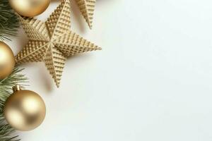 Christmas composition with gift boxes, card balls fir branches pine cones with copy space. Christmas by AI Generated photo