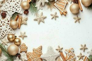 Christmas composition with gift boxes, card balls fir branches pine cones with copy space. Christmas by AI Generated photo