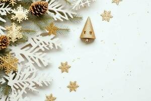 Christmas composition with gift boxes, card balls fir branches pine cones with copy space. Christmas by AI Generated photo