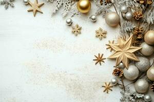 Christmas composition with gift boxes, card balls fir branches pine cones with copy space. Christmas by AI Generated photo