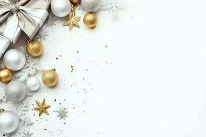 Christmas composition with gift boxes, card balls fir branches pine cones with copy space. Christmas by AI Generated photo