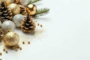 Christmas composition with gift boxes, card balls fir branches pine cones with copy space. Christmas by AI Generated photo