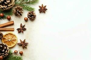 Christmas composition with gift boxes, card balls fir branches pine cones with copy space. Christmas by AI Generated photo