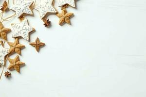 Christmas composition with gift boxes, card balls fir branches pine cones with copy space. Christmas by AI Generated photo