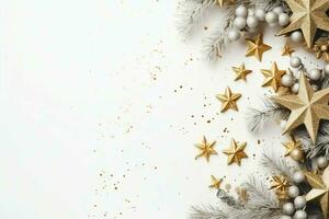 Christmas composition with gift boxes, card balls fir branches pine cones with copy space. Christmas by AI Generated photo