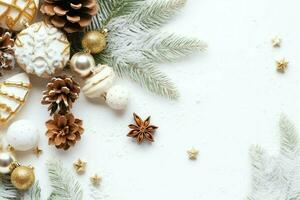 Christmas composition with gift boxes, card balls fir branches pine cones with copy space. Christmas by AI Generated photo