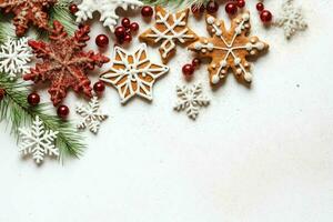 Christmas composition with gift boxes, card balls fir branches pine cones with copy space. Christmas by AI Generated photo