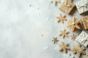Christmas composition with gift boxes, card balls fir branches pine cones with copy space. Christmas by AI Generated photo