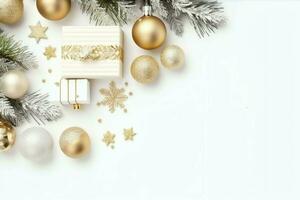 Christmas composition with gift boxes, card balls fir branches pine cones with copy space. Christmas by AI Generated photo