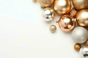 Christmas composition with gift boxes, card balls fir branches pine cones with copy space. Christmas by AI Generated photo