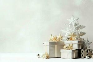 Christmas composition with gift boxes, card balls fir branches pine cones with copy space. Christmas by AI Generated photo