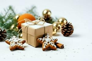 Navidad composición con regalo cajas, tarjeta pelotas abeto ramas pino conos con Copiar espacio. Navidad por ai generado foto