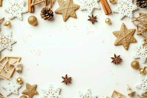 Christmas composition with gift boxes, card balls fir branches pine cones with copy space. Christmas by AI Generated photo
