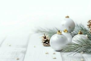 Christmas composition with gift boxes, card balls fir branches pine cones with copy space. Christmas by AI Generated photo