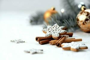 Navidad composición con regalo cajas, tarjeta pelotas abeto ramas pino conos con Copiar espacio. Navidad por ai generado foto