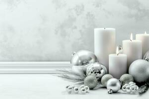 Christmas composition with gift boxes, card balls fir branches pine cones with copy space. Christmas by AI Generated photo