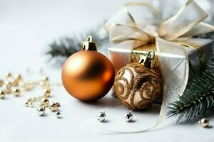 Christmas composition with gift boxes, card balls fir branches pine cones with copy space. Christmas by AI Generated photo