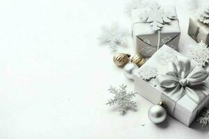 Christmas composition with gift boxes, card balls fir branches pine cones with copy space. Christmas by AI Generated photo