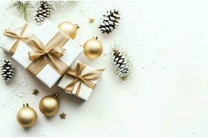 Christmas composition with gift boxes, card balls fir branches pine cones with copy space. Christmas by AI Generated photo