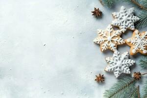 Navidad composición con regalo cajas, tarjeta pelotas abeto ramas pino conos con Copiar espacio. Navidad por ai generado foto