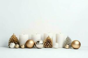 Christmas composition with gift boxes, card balls fir branches pine cones with copy space. Christmas by AI Generated photo