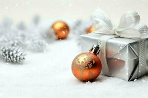 Christmas composition with gift boxes, card balls fir branches pine cones with copy space. Christmas by AI Generated photo