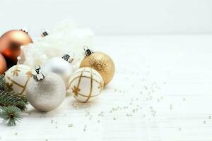 Christmas composition with gift boxes, card balls fir branches pine cones with copy space. Christmas by AI Generated photo