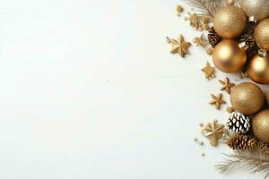 Christmas composition with gift boxes, card balls fir branches pine cones with copy space. Christmas by AI Generated photo