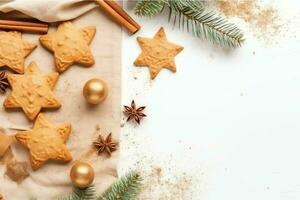 Navidad composición con regalo cajas, tarjeta pelotas abeto ramas pino conos con Copiar espacio. Navidad por ai generado foto