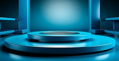 AI generated Empty podium pedestal, blue background stand for product, goods. Shelf with product advertising - AI generated image photo