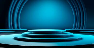 AI generated Empty podium pedestal, blue background stand for product, goods. Shelf with product advertising - AI generated image photo