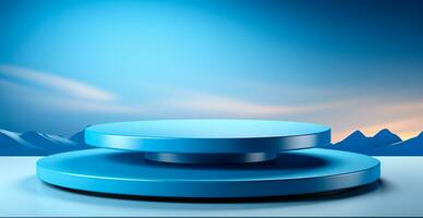AI generated Empty podium pedestal, blue background stand for product, goods. Shelf with product advertising - AI generated image photo