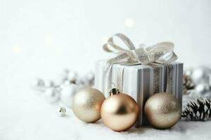 Christmas composition with gift boxes, card balls fir branches pine cones with copy space. Christmas by AI Generated photo
