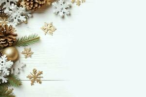 Christmas composition with gift boxes, card balls fir branches pine cones with copy space. Christmas by AI Generated photo